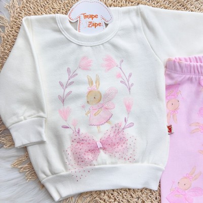 Conj. Casaco de Moletom Fada Coelhinha e Calça Legging - Off White e Rosa